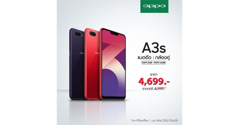 OPPO A3s สมาร์ทโฟนยอดขายดีอันดับ 1 ของปี 2018 ราคาเพียง 4,699 บาท