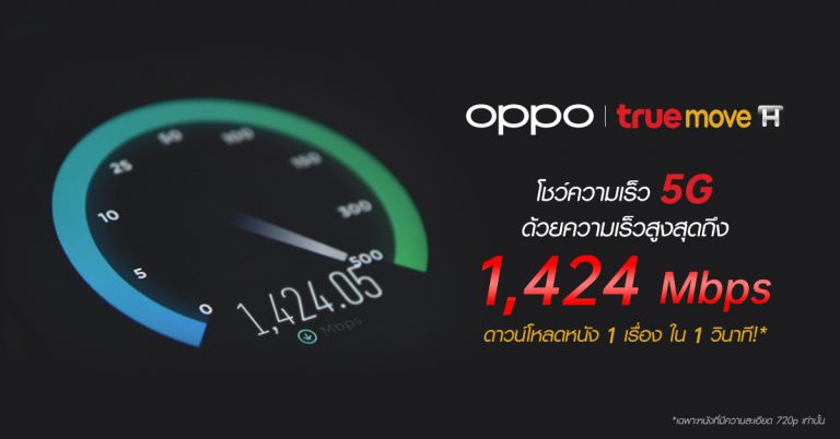 เร็วยิ่งกว่า ! OPPO ประสบความสำเร็จในการทดลองการเชื่อมต่อ 5G ด้วยเครือข่ายทรูมูฟ เอช โชว์ความเร็วสูงสุดถึง 1,424 Mbps ! ดาวน์โหลดหนัง 1 เรื่อง ในเวลาเพียง 1 วินาที เท่านั้น !