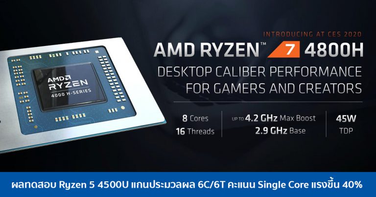 ผลทดสอบ Ryzen 5 4500U แกนประมวลผล 6C/6T คะแนน Single Core แรงขึ้น 40%