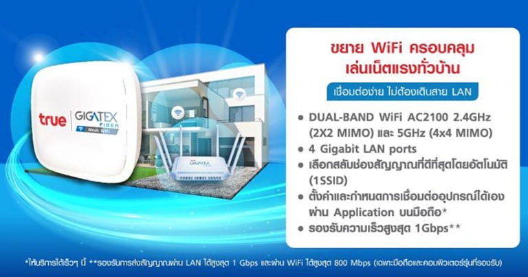 ครอบคลุมทั่วบ้าน…ทรูออนไลน์ หนุน work from home ให้เต็มประสิทธิภาพยิ่งขึ้น ส่ง True Gigatex Mesh WiFi ขยายสัญญาณเร็ว แรง ทั่วบ้าน เชื่อมต่อง่าย ไม่ต้องใช้สายแลน เพียงจ่ายค่าบริการรายเดือนเพิ่มเดือนละ 100 บาท