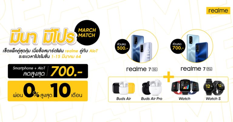 realme จัดแคมเปญ ‘มีนา มีโปร March Match’ ลดสูงสุด 1,500 บาท  เมื่อซื้อสมาร์ทโฟน คู่กับอุปกรณ์ AIoT ตั้งแต่วันนี้ถึง 15 มีนาคม 2564