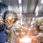Industry, 4.0 concept, Icon flow automation and data exchange in manufacturing technology, Manager industrial engineer using tablet check and control automation robot arms machine in intelligent factory industrial on system software interface. Welding rob