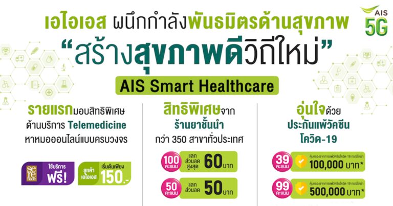 AIS 5G เชื่อมต่อ ช่วยเหลือ เพื่อลูกค้าอุ่นใจช่วงโควิด ผนึกกำลังพาร์ทเนอร์ด้านสุขภาพ ร่วมสร้างสุขภาพดีวิถีใหม่ ด้วยสิทธิพิเศษครบจบในช่องทางเดียว ทั้งดูแลตัวเอง,รักษาทางไกล, สิทธิพิเศษร้านยา จนถึง ประกันแพ้วัคซีนโควิด-19