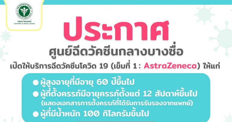 กรมการแพทย์ เปิด Walk-in ให้บริการฉีดวัคซีน โควิด-19 แก่ผู้สูงอายุ 60 ปีขึ้นไป หญิงตั้งครรภ์ 12 สัปดาห์ขึ้นไป และผู้มีน้ำหนักตัว 100 กก.ขึ้นไป