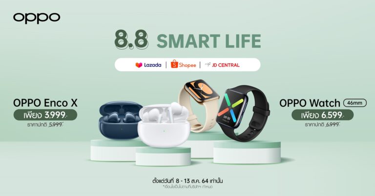 OPPO เอาใจขาช้อป! เปิดแคมเปญ 8.8 OPPO Smart Life  มอบส่วนลดอุปกรณ์เสริมสูงสุด 2,000 บาท! ตั้งแต่วันที่ 8-13 สิงหาคมนี้ ที่ช่องทางออนไลน์เท่านั้น