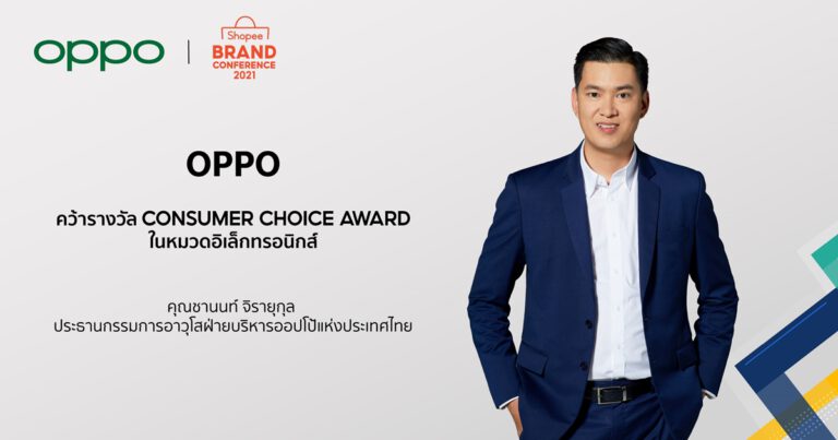 เกินต้าน! ออปโป้ ตอกย้ำแบรนด์สมาร์ทโฟนอันดับหนึ่งในใจคนไทย  คว้ารางวัล Consumer Choice Award ในงาน Shopee Brand Conference 2021