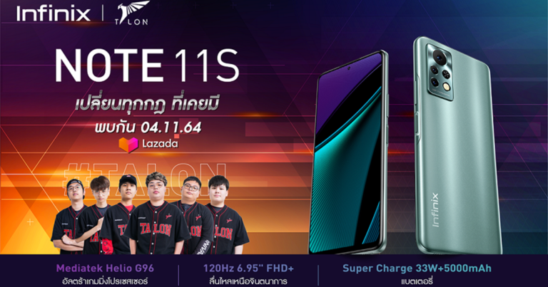 Infinix เตรียมปล่อย NOTE 11S มือถือเกมมิ่งที่ดีที่สุด พร้อมขาย 4 พฤศจิกายนนี้ รุ่นแรกในไทยกับชิปเซ็ต Helio G96 จอใหญ่ 6.95 นิ้ว หน้าจอรีเฟรชเรท 120Hz