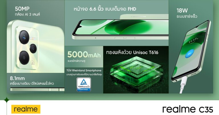 realme C35 โดดเด่นด้วยดีไซน์สวยแห่งปี พร้อมกล้องระดับเรือธง 50MP และสเปคจัดเต็ม