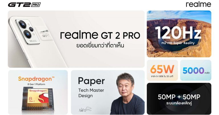realme เปิดตัว realme GT 2 Pro แฟล็กชิปสุดพรีเมียมของแบรนด์  เขย่าวงการด้วยนวัตกรรมใหม่ครั้งแรกของโลกสมาร์ตโฟน  มาพร้อม realme narzo 50 realme narzo 50A PRIME  และผลิตภัณฑ์ AIoT สุดล้ำ realme Buds Air 3 และ realme BOOK PRIME