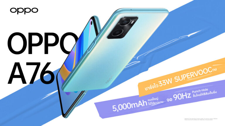 ออปโป้วางจำหน่าย OPPO A76 สมาร์ทโฟนชาร์จไว แบตอึด จอไหลลื่น  ใช้งานไม่มีสะดุด ในราคาเพียง 7,999 บาท