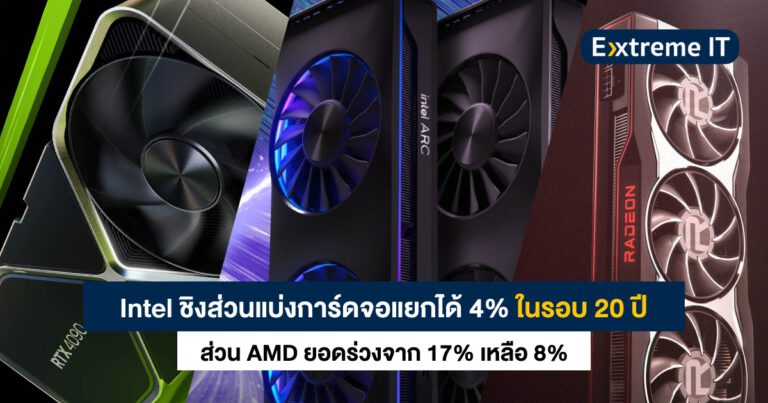 Intel ชิงส่วนแบ่งการ์ดจอแยกได้ 4% ในรอบ 20 ปี ส่วน AMD ยอดร่วงจาก 17% เหลือ 8% – ค่ายเขียวลอยลำนำโด่ง